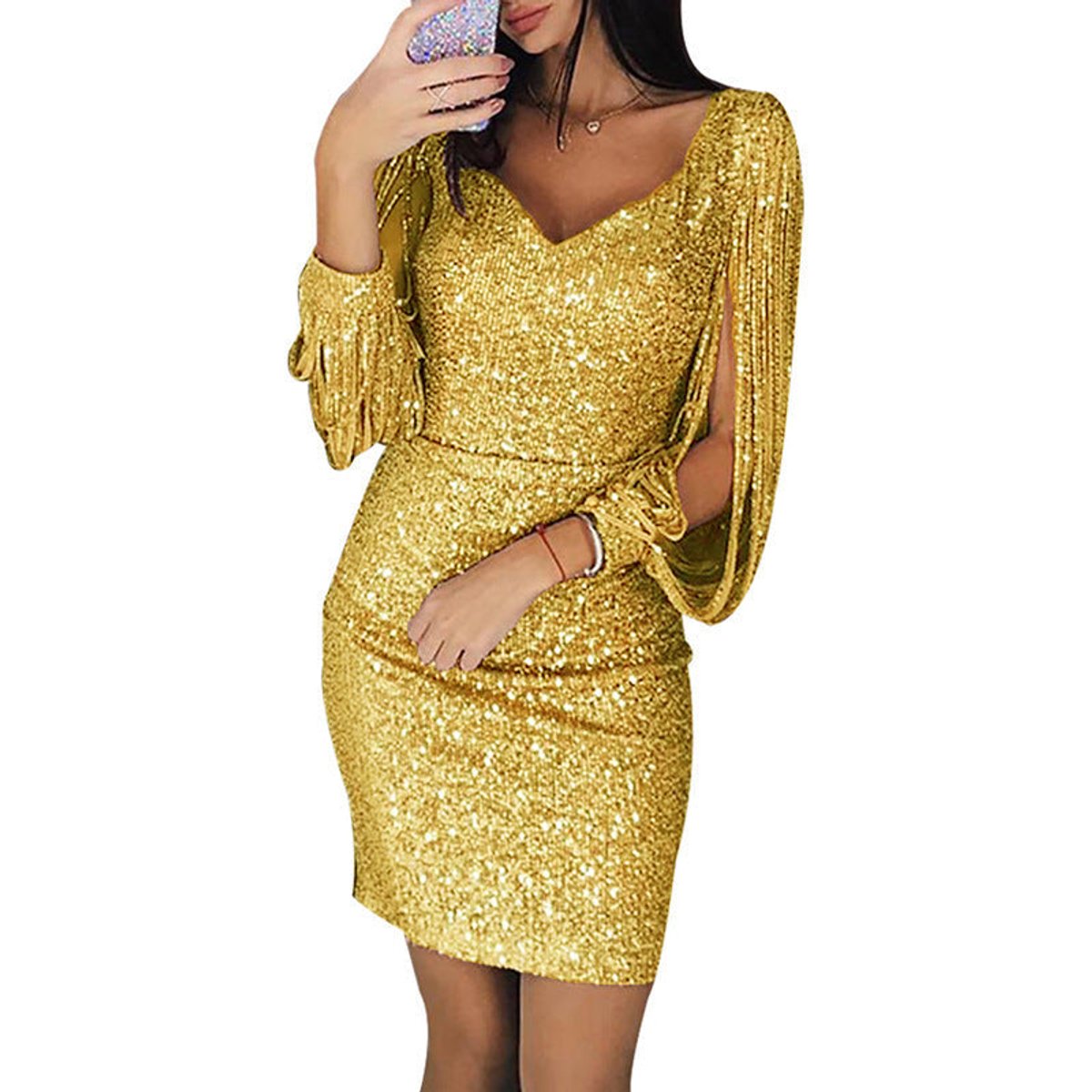 Ellen - Women's Sequin Dress with Tassel Sleeves