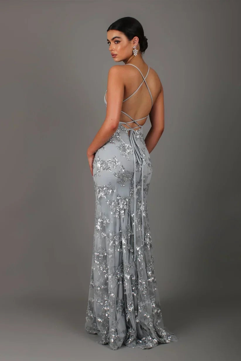 Women's Sequin Mermaid Maxi Dress with Deep V-Neck and Fishtail Hem - photo 9
