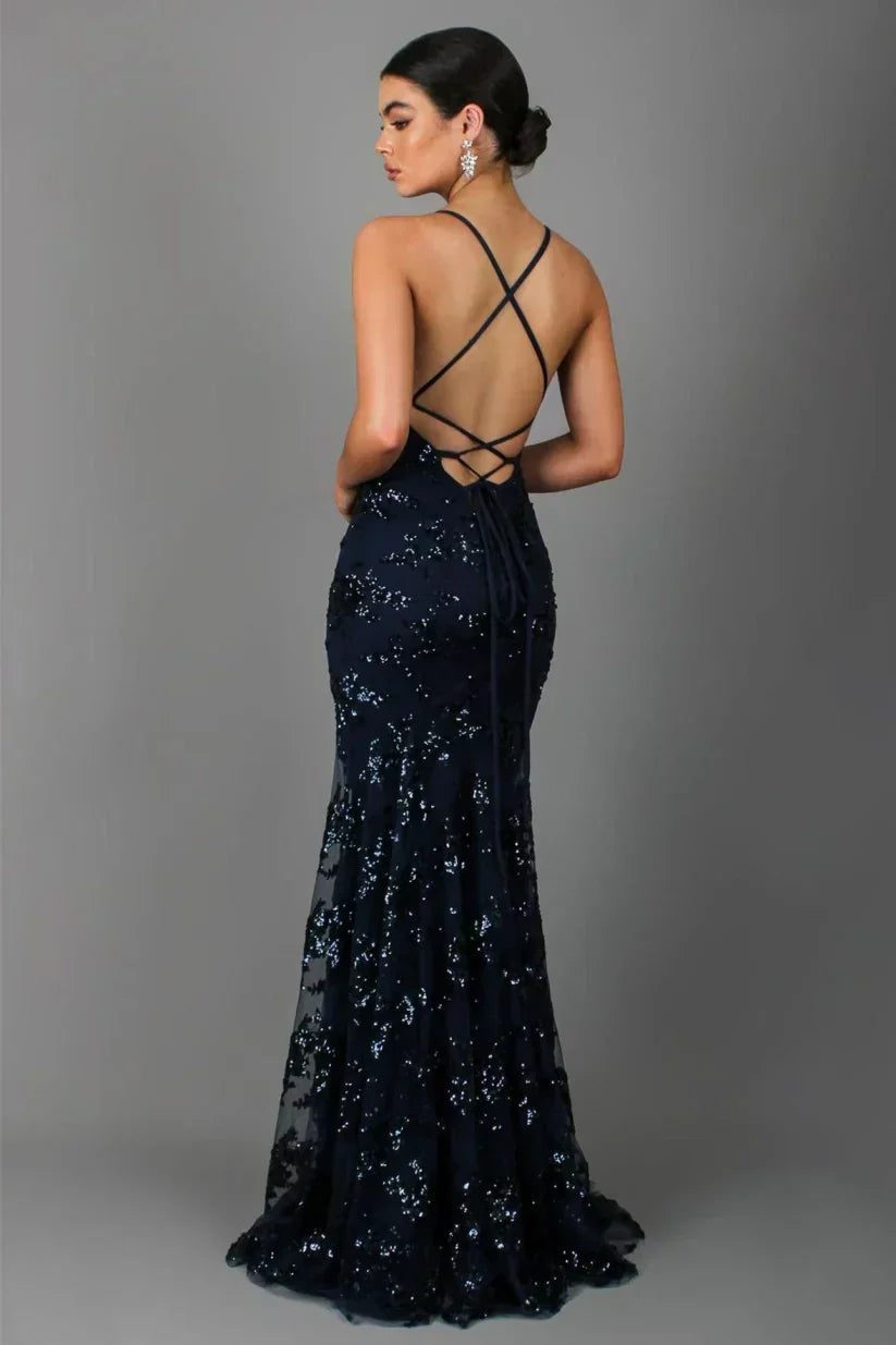 Women's Sequin Mermaid Maxi Dress with Deep V-Neck and Fishtail Hem