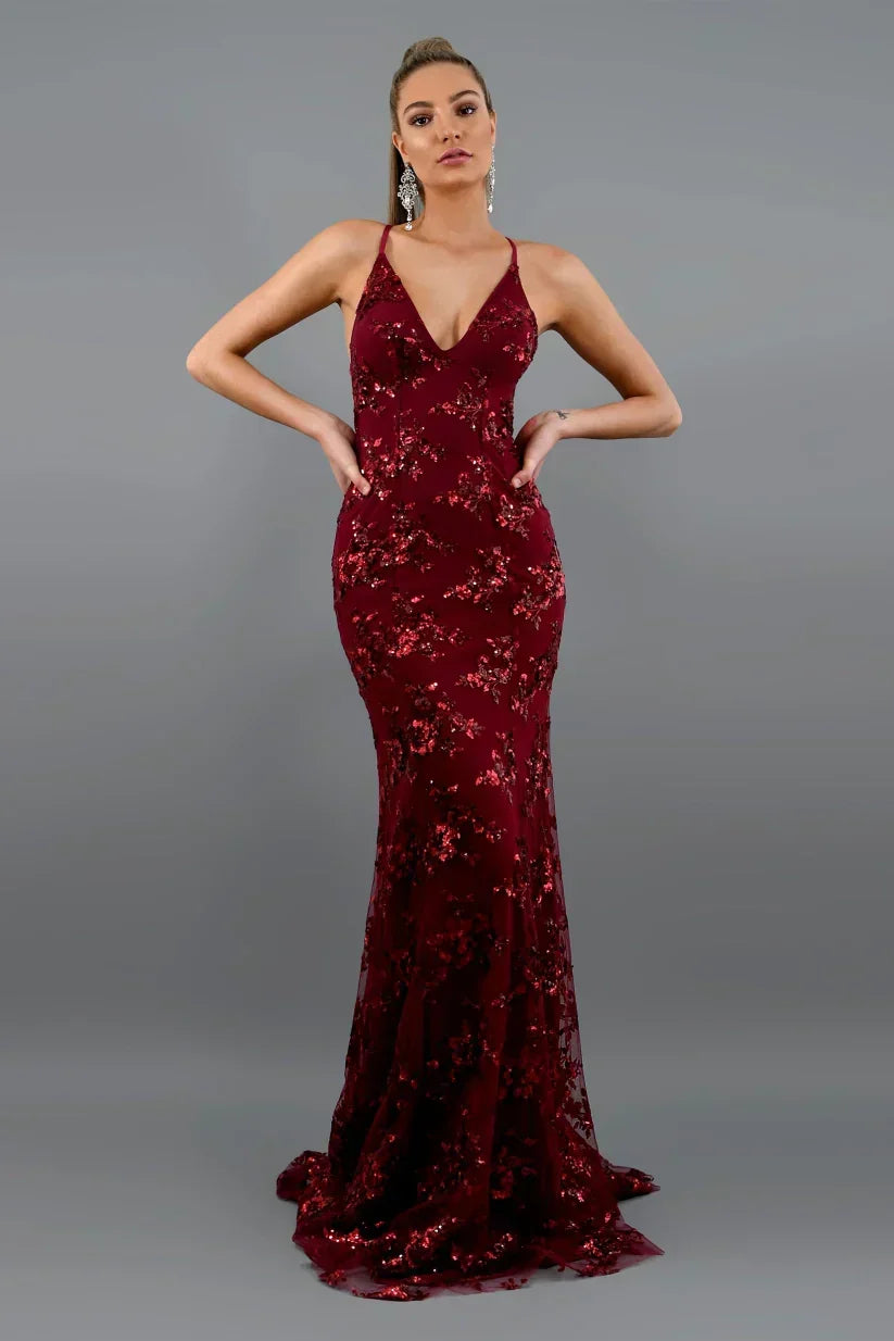 Women's Sequin Mermaid Maxi Dress with Deep V-Neck and Fishtail Hem