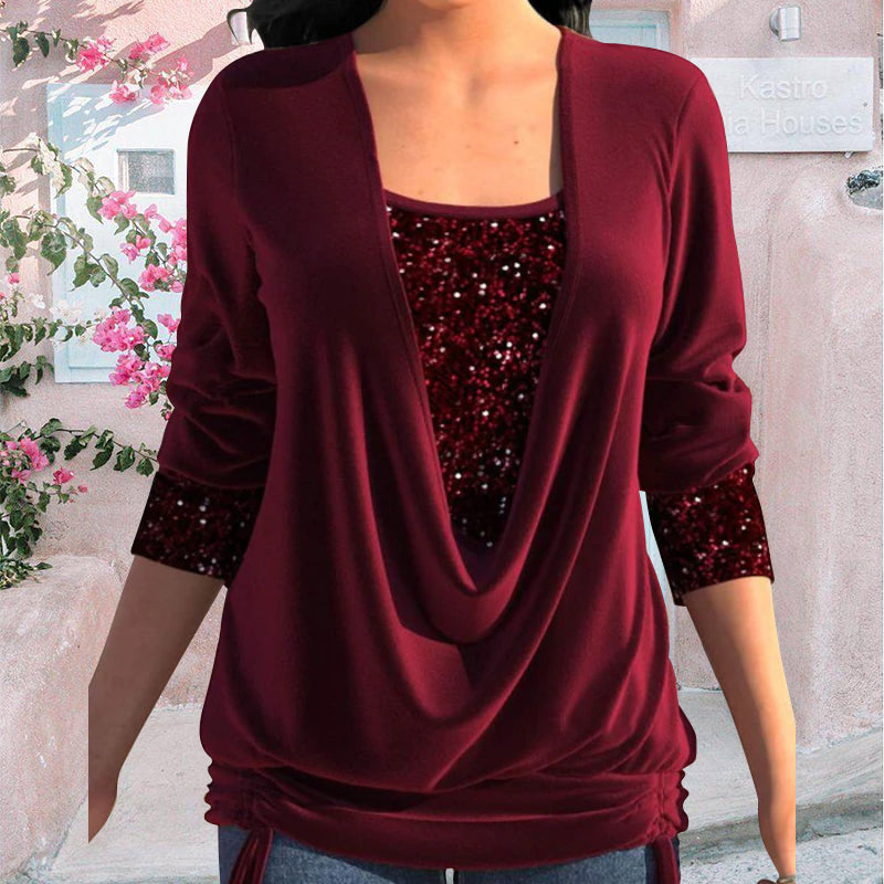 Joy - Top da festa da donna con paillettes e drappeggio sul davanti