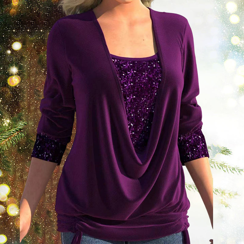 Joy - Top da festa da donna con paillettes e drappeggio sul davanti