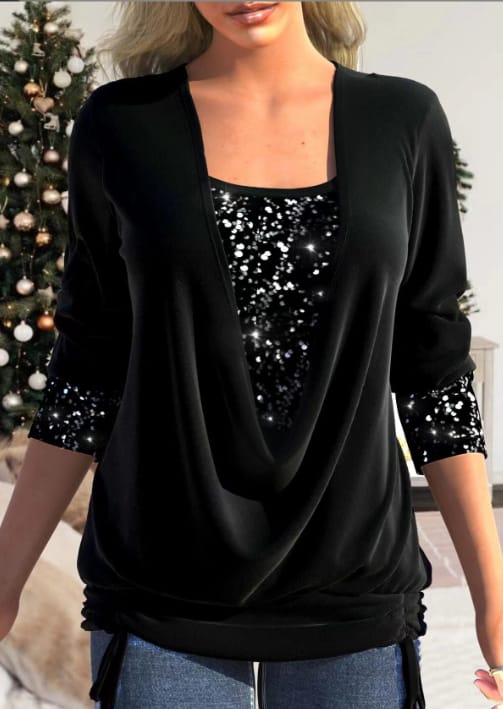 Joy - Top da festa da donna con paillettes e drappeggio sul davanti
