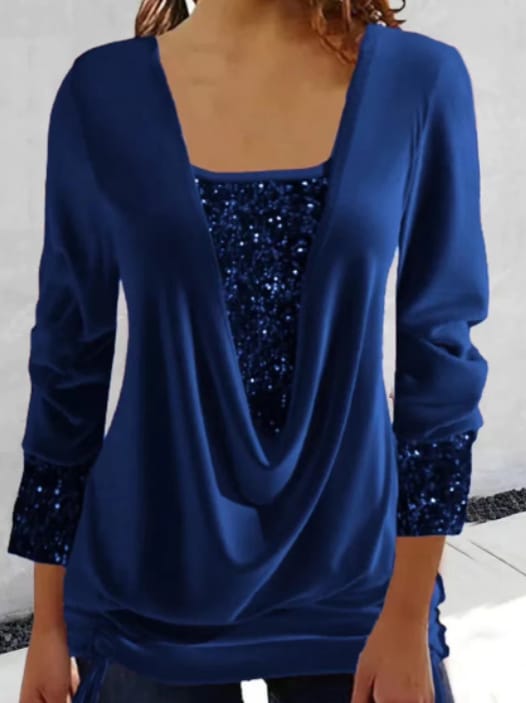Joy - Top da festa da donna con paillettes e drappeggio sul davanti
