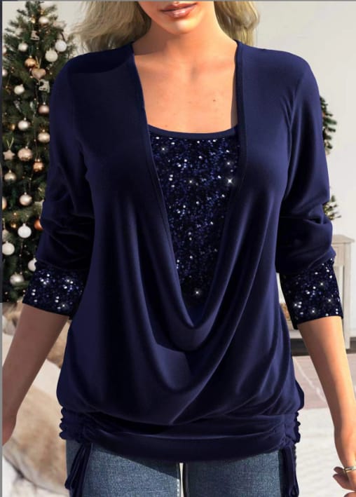 Joy - Top da festa da donna con paillettes e drappeggio sul davanti