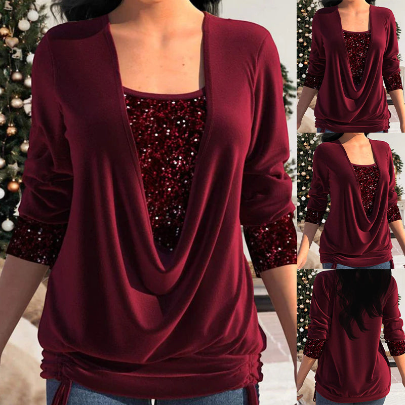 Joy - Top da festa da donna con paillettes e drappeggio sul davanti
