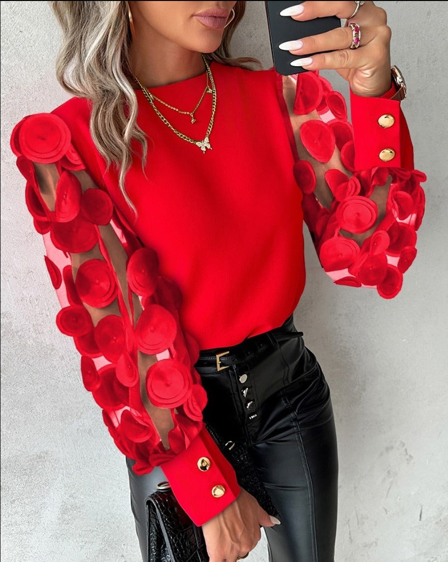 Women's Sheer Blouse with Puff Sleeves - Red