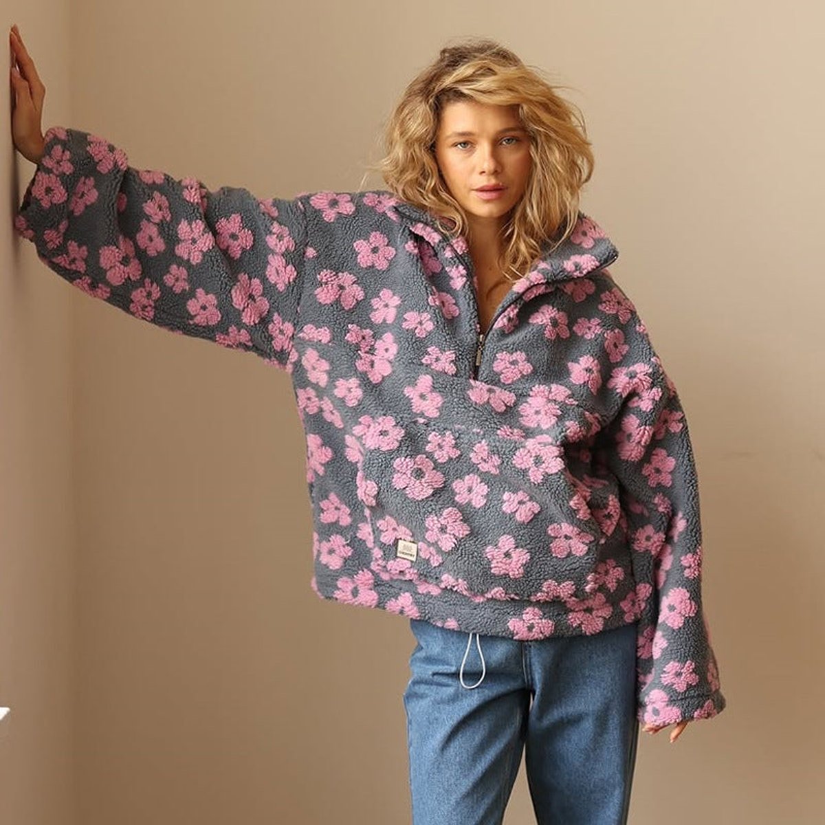Bridget - pulover oversized de damă din fleece Sherpa, cu fermoar scurt parțial