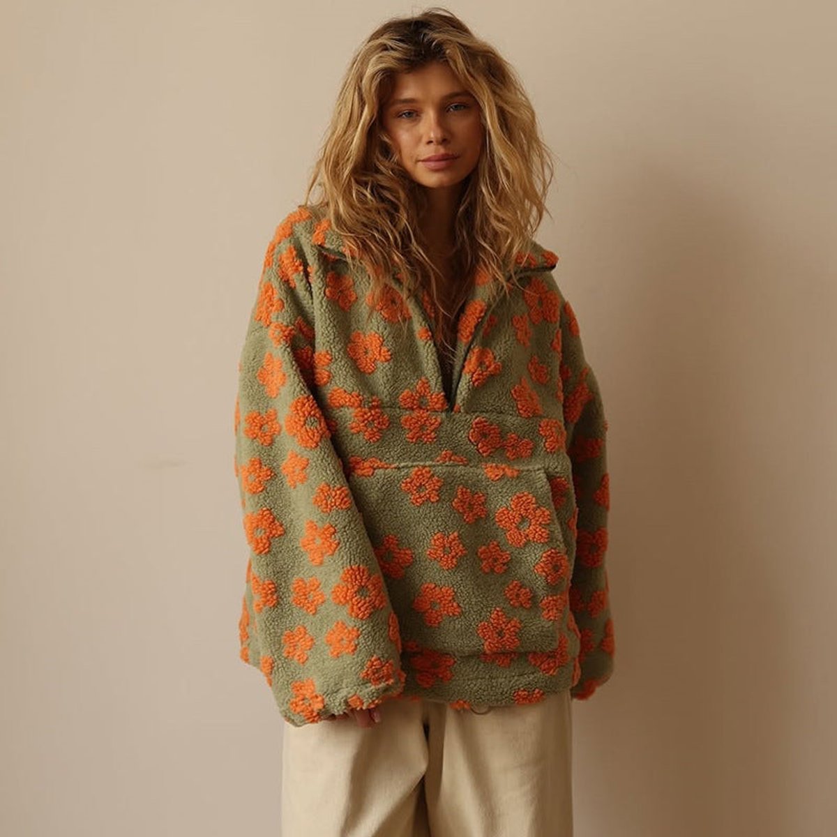 Bridget - pulover oversized de damă din fleece Sherpa, cu fermoar scurt parțial