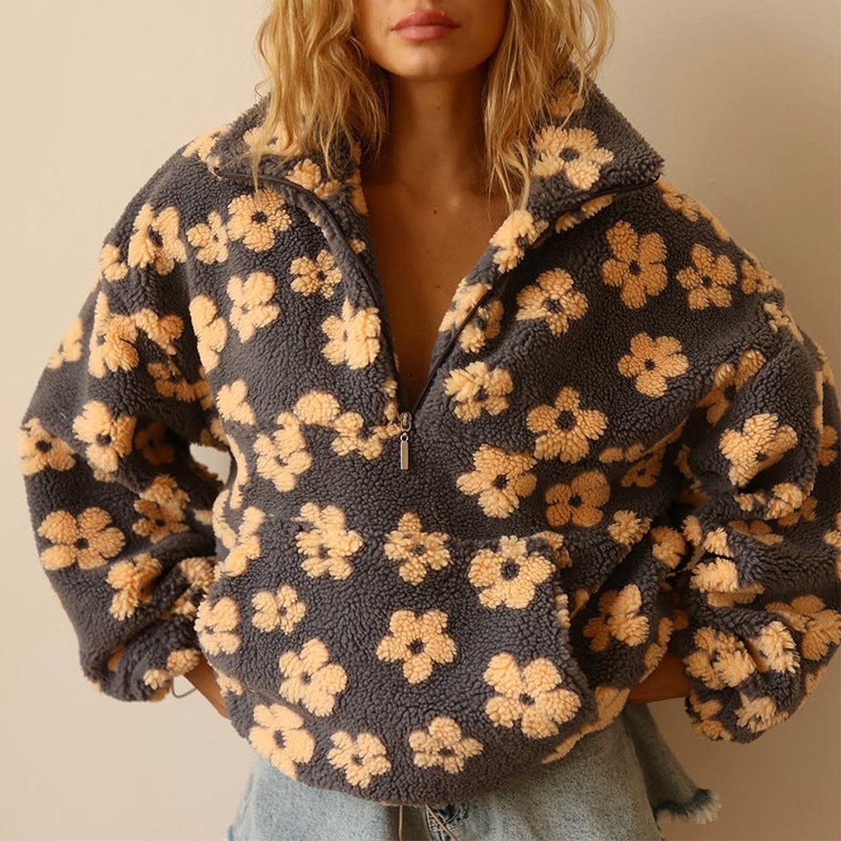 Bridget - pulover oversized de damă din fleece Sherpa, cu fermoar scurt parțial