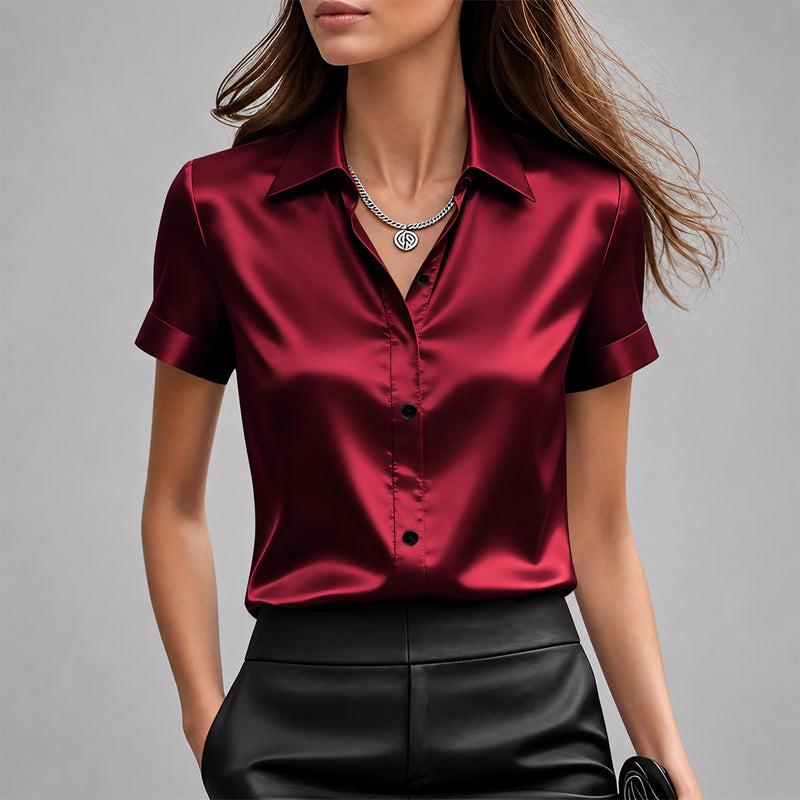 Carly - Women's Short Sleeve Satin Blouse with Classic Collar