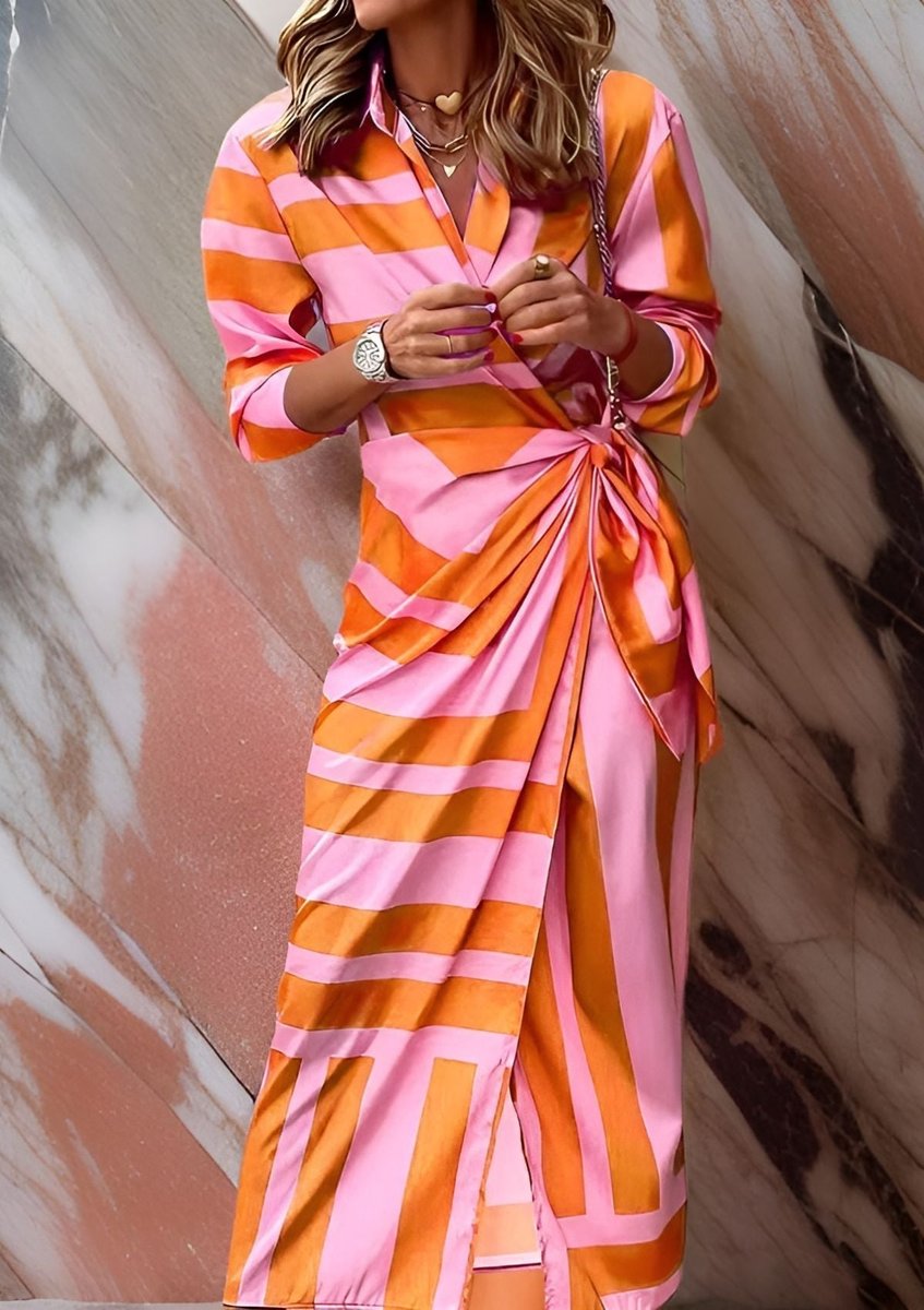 Women's Striped Wrap Maxi Long Sleeve Dress