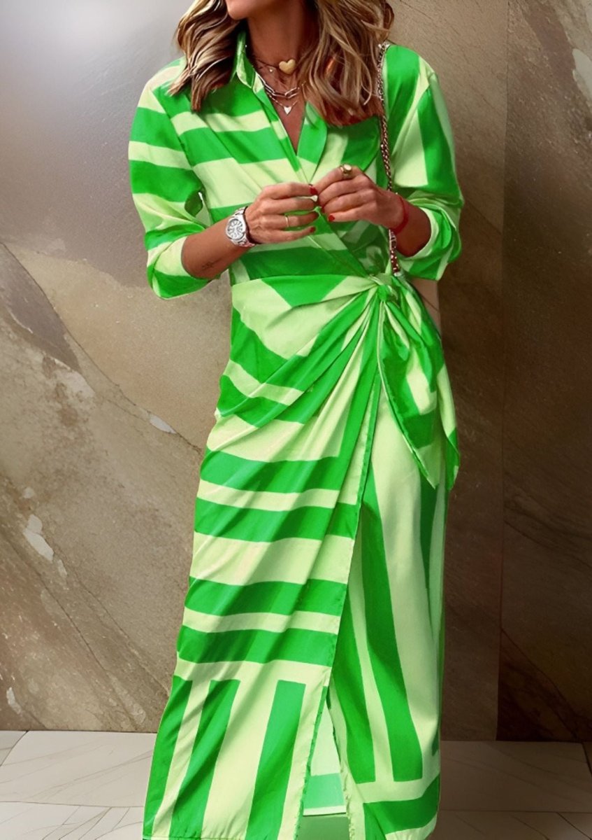 Women's Striped Wrap Maxi Long Sleeve Dress