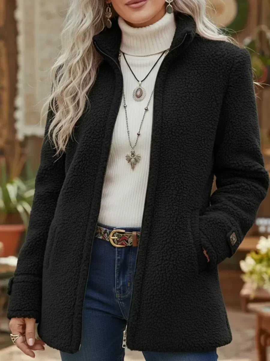 Women's Teddy Jacket with Stand Collar and Side Pockets - Black