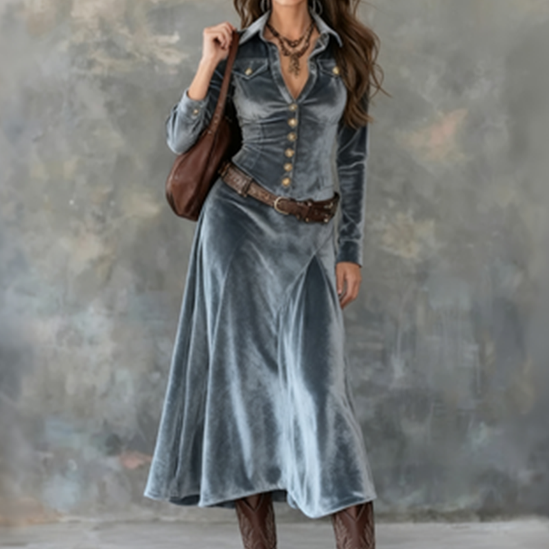 Women's Velvet Maxi Shirt Dress with a V-Neckline – view 3