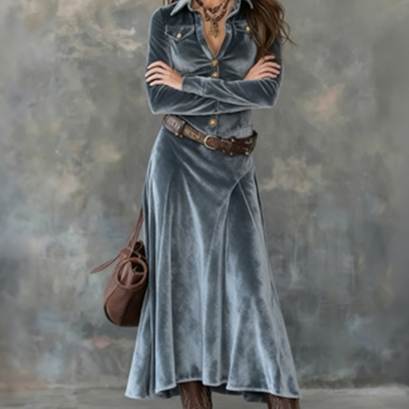 Women's Velvet Maxi Shirt Dress with a V-Neckline – view 4