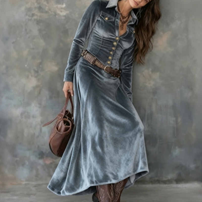 Women's Velvet Maxi Shirt Dress with a V-Neckline – view 5
