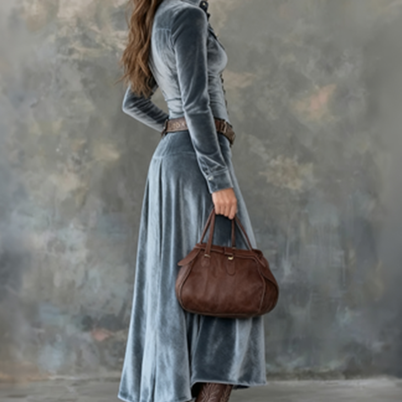 Women's Velvet Maxi Shirt Dress with a V-Neckline – view 7