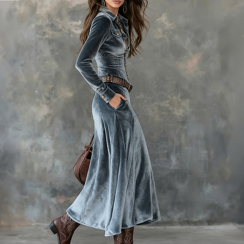 Women's Velvet Maxi Shirt Dress with a V-Neckline – view 8