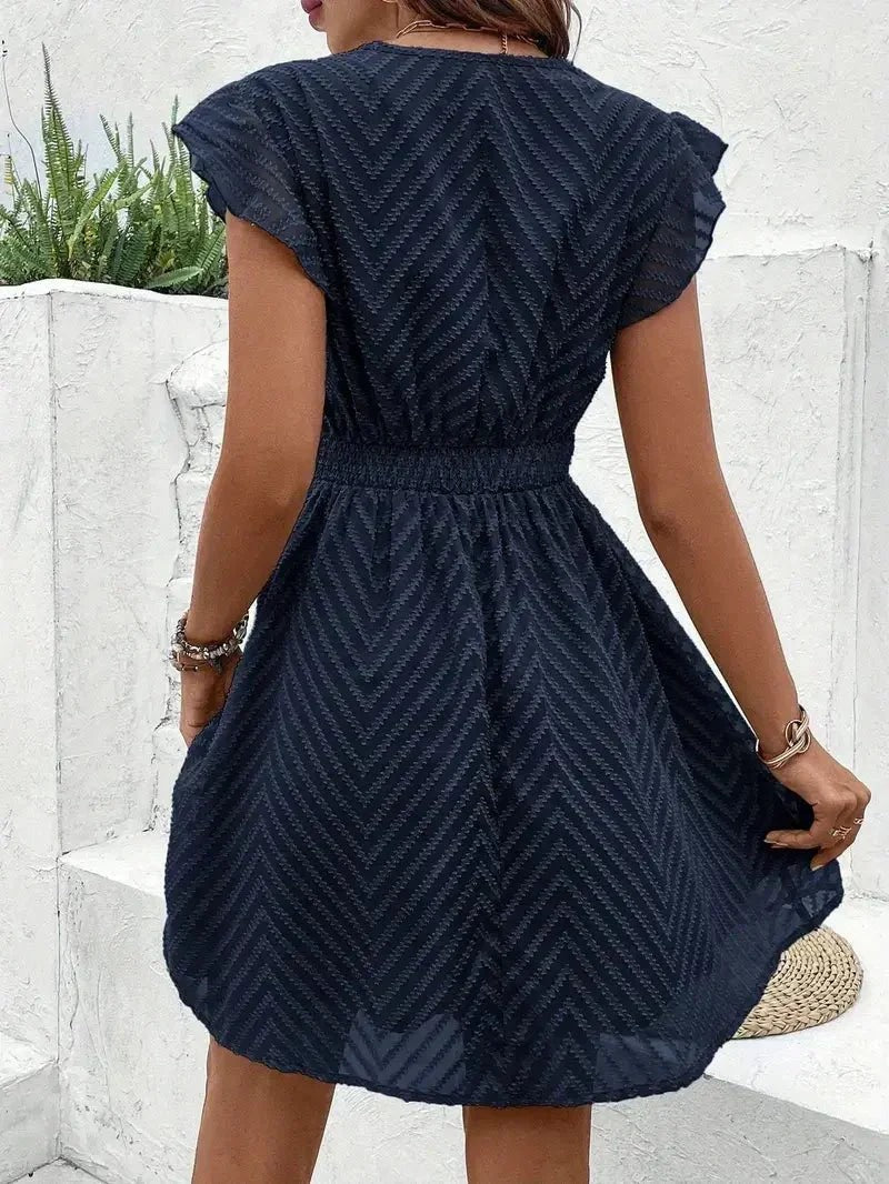 Women's Woven Mini Dress with V-Neck Trim and Flutter Sleeves
