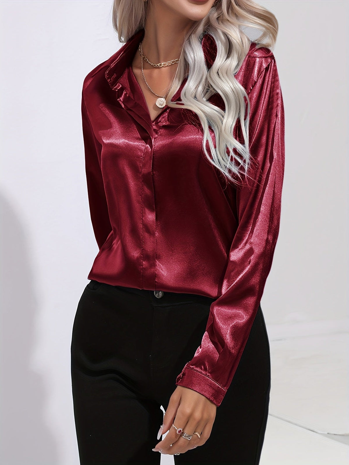 Women's Zariah - Elegant Satin Blouse in Chic Style - Dark Red