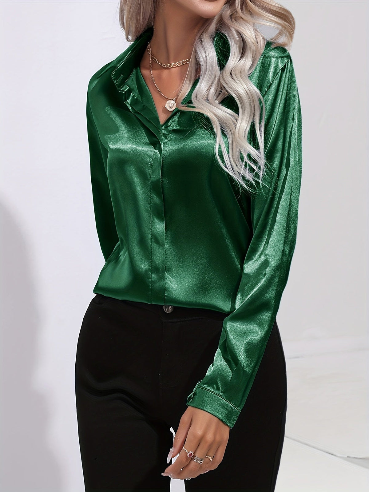 Women's Zariah - Elegant Satin Blouse in Chic Style - Dark Green