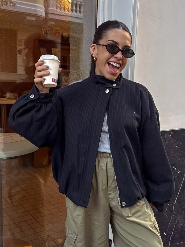 Xanthe - Women's Relaxed Bomber Jacket with Stripe and Button Front - photo 1