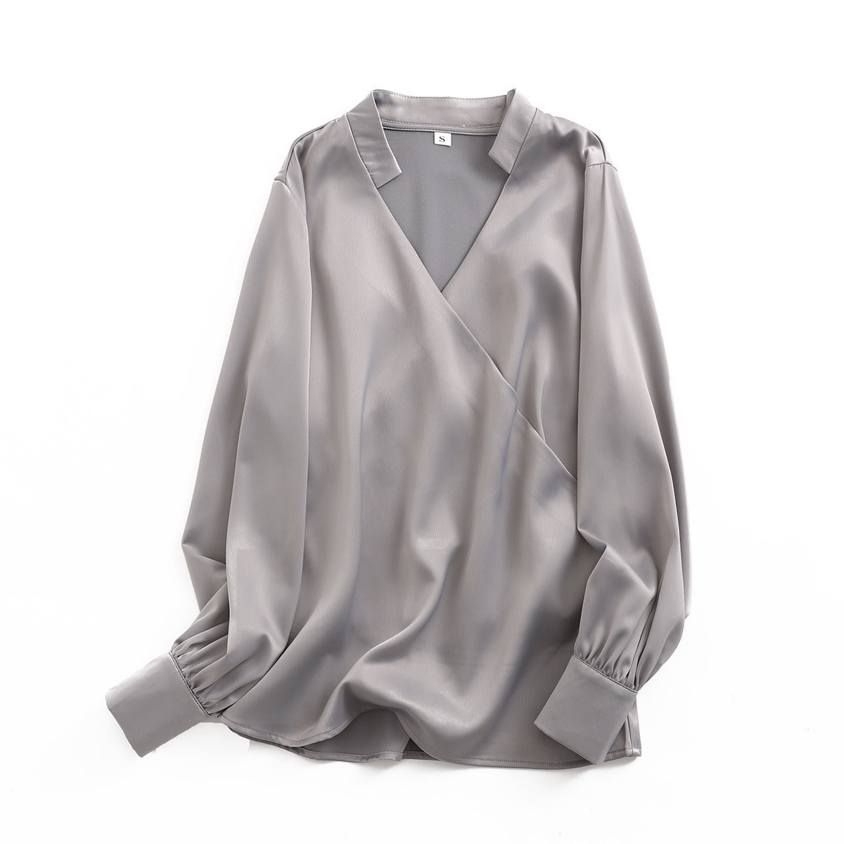 Yasmin - Women's V-neck blouse with fitted long sleeves - Grey
