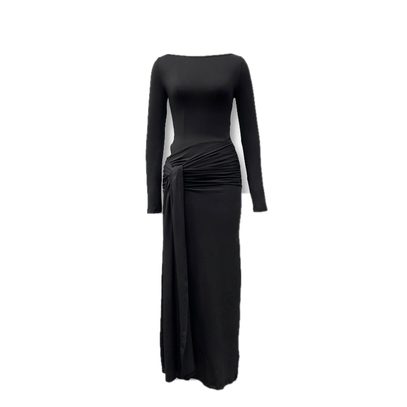 Black long-sleeve maxi gown with draped wrap waist, shown without a mannequin