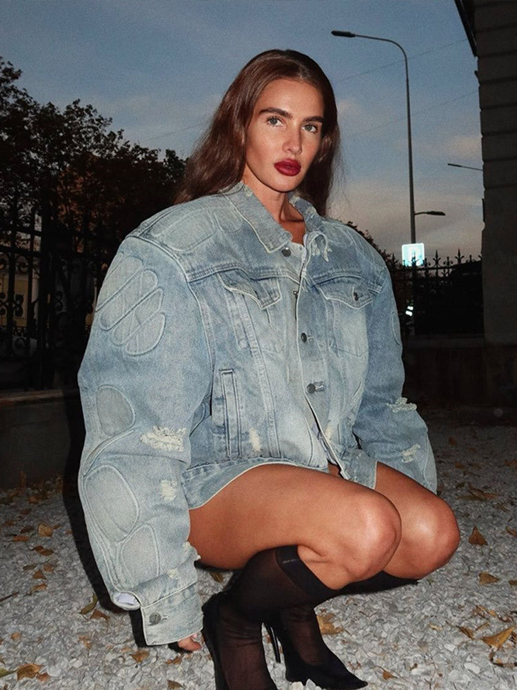 Zora - Women's Embroidered Denim Jacket - Button Front Oversized Long Sleeve - photo 6